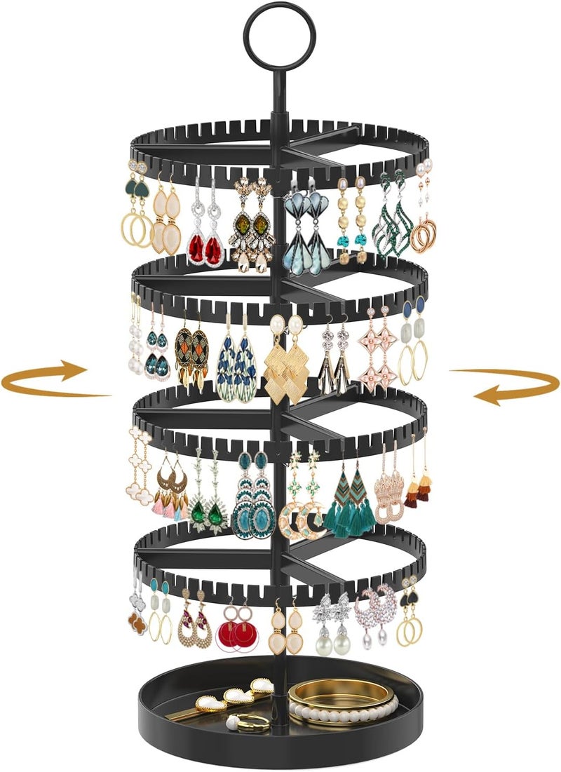 MODOWEY 4 Tier Rotating Earring Holder Organizer Display Tree with Metal Tray, Adjustable Plastic Stand with 228 Slots for Stud Hoop Hanger, Large Capacity Storage Rack for Women Space Saving, Black - Image 1